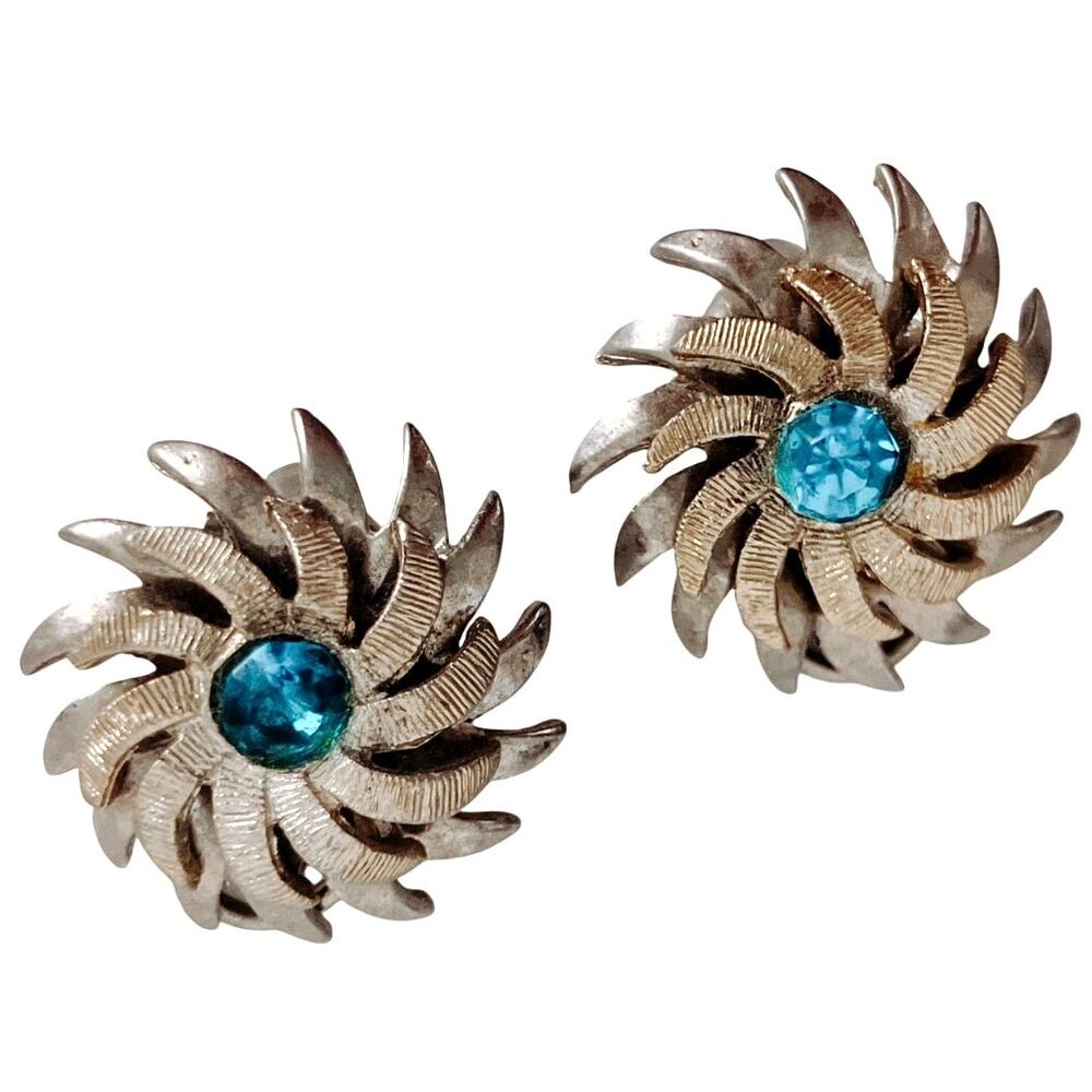 Signed Kramer Vintage Mid Century Atomic Aqua Blue Rhinestone Clip Earrings